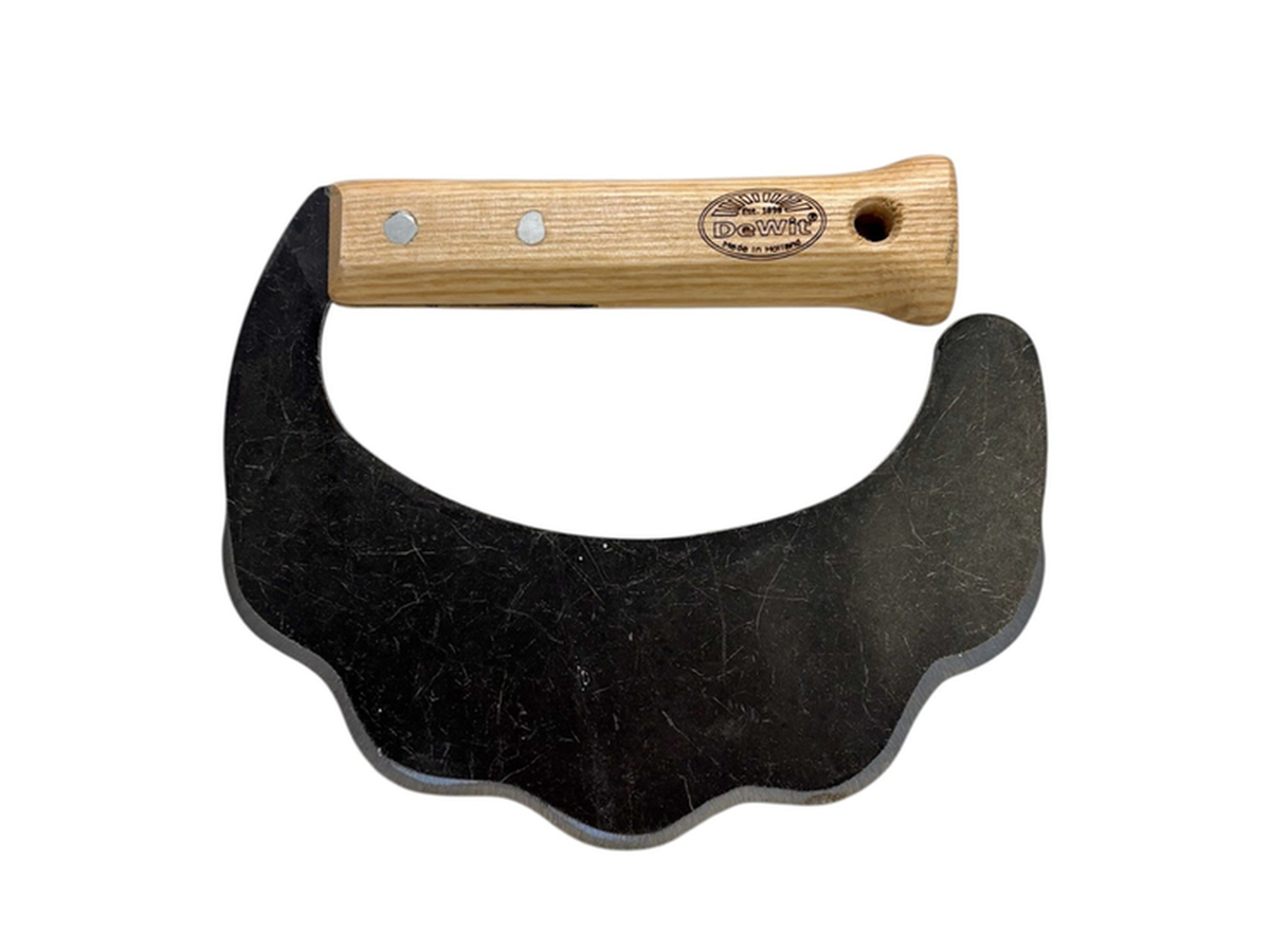 Sod cutting knife, half moon shaped with wave cut and oval handgrip